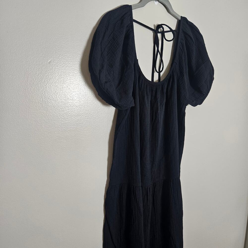 NWOT Socialite Scoop Neck Puff Sleeve Tie Back Midi Tiered Dress Sz XS Black - Picture 4 of 14